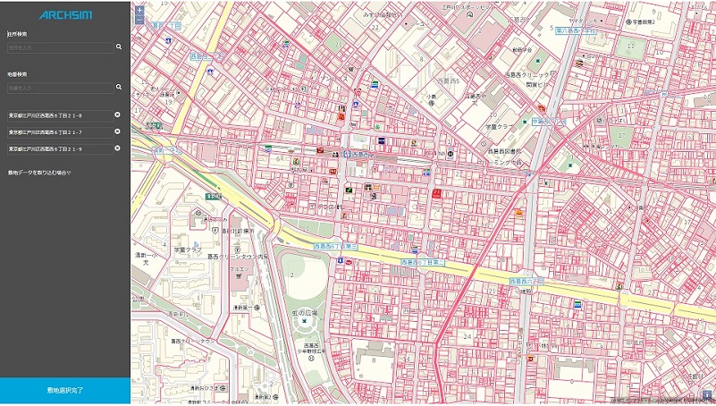 計画地は住所や地番から検索可能です。位置の指定は地図をクリックするだけ