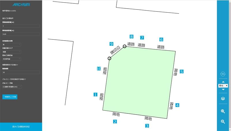 地図より計画地の形状が自動取得されます。配置条件には日影計算や天空率計算も加味することができます